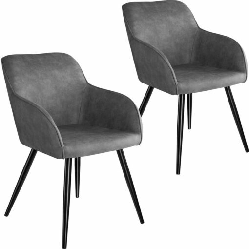 Chair Marilyn Set of 2 - with armrests, upholstered, fabric cover, black steel legs - grey/black