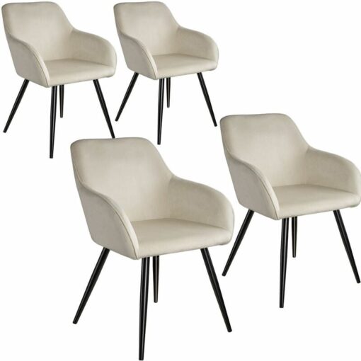 Chair Marilyn Set of 4 - with armrests, padded, velvet look, black steel legs - cream/black