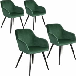 Chair Marilyn Set of 4 - with armrests, padded, velvet look, black steel legs - dark green / black