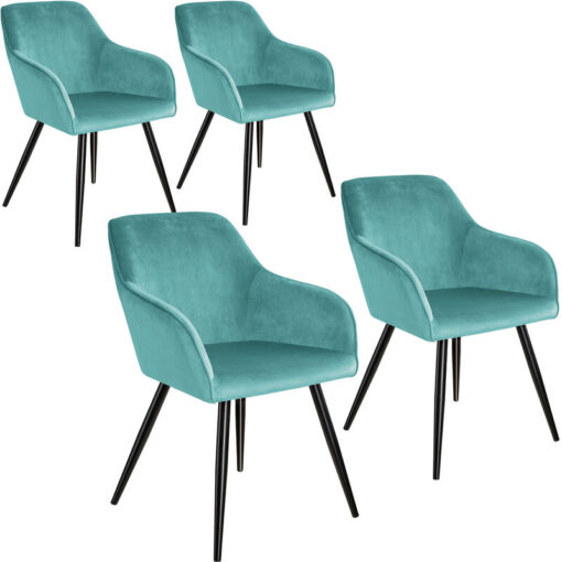 Chair Marilyn Set of 4 - with armrests, padded, velvet look, black steel legs - turquoise/black