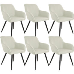 Chair Marilyn Set of 6 - with armrests, padded, linen look, black steel legs - cream/black