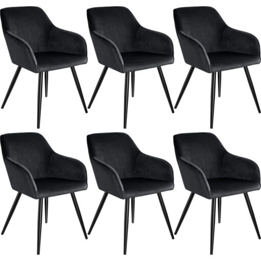 Chair Marilyn Set of 6 - with armrests, padded, velvet look, black steel legs - black