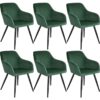 Chair Marilyn Set of 6 - with armrests, padded, velvet look, black steel legs - dark green / black