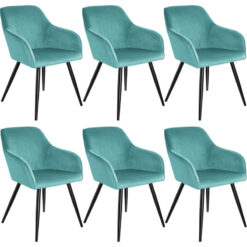 Chair Marilyn Set of 6 - with armrests, padded, velvet look, black steel legs - turquoise/black