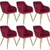 Chair Marilyn Set of 6 - with armrests, padded, velvet look, golden steel legs - bordeaux/gold