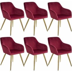 Chair Marilyn Set of 6 - with armrests, padded, velvet look, golden steel legs - bordeaux/gold