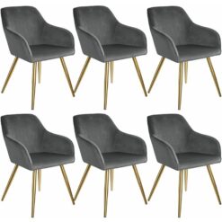 Chair Marilyn Set of 6 - with armrests, padded, velvet look, golden steel legs - dark gray/gold