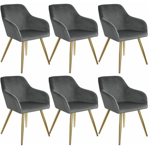 Chair Marilyn Set of 6 - with armrests, padded, velvet look, golden steel legs - dark gray/gold