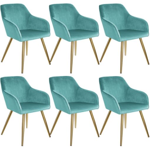 Chair Marilyn Set of 6 - with armrests, padded, velvet look, golden steel legs - turquoise/gold