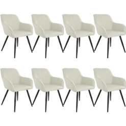 Chair Marilyn Set of 8 - with armrests, padded, linen look, black steel legs - cream/black