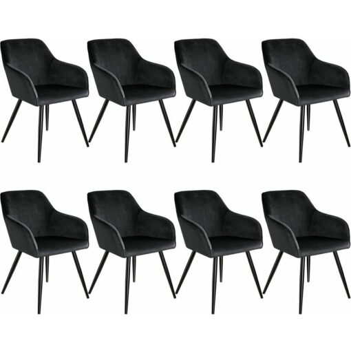 Chair Marilyn Set of 8 - with armrests, padded, velvet look, black steel legs - black