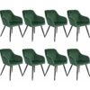 Chair Marilyn Set of 8 - with armrests, padded, velvet look, black steel legs - dark green / black