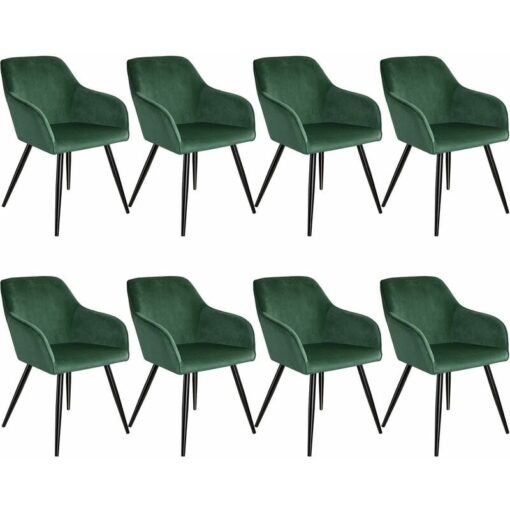 Chair Marilyn Set of 8 - with armrests, padded, velvet look, black steel legs - dark green / black