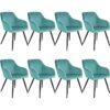 Chair Marilyn Set of 8 - with armrests, padded, velvet look, black steel legs - turquoise/black