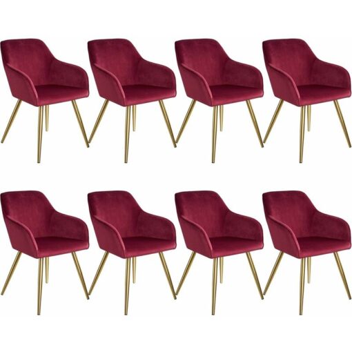 Chair Marilyn Set of 8 - with armrests, padded, velvet look, golden steel legs - bordeaux/gold