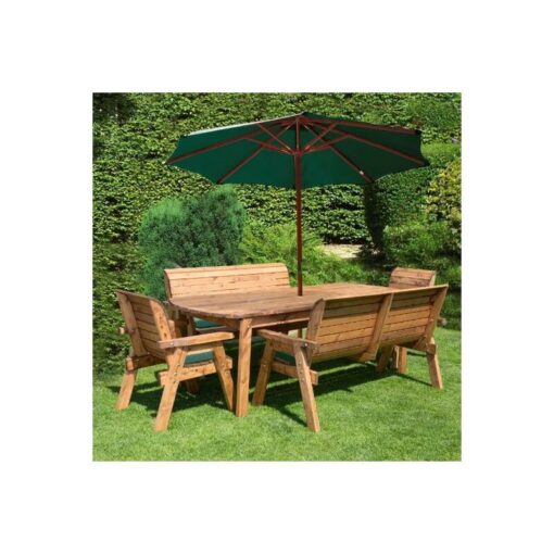 Charles Taylor - 8 Seater Wooden Rectangular Table & Chairs Benches Parasol Green