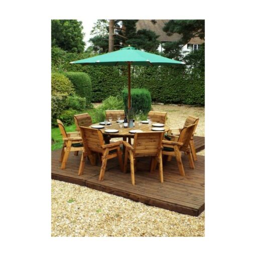 Charles Taylor - 8 Seater Wooden Round Garden Dining Table & Chairs Parasol Green