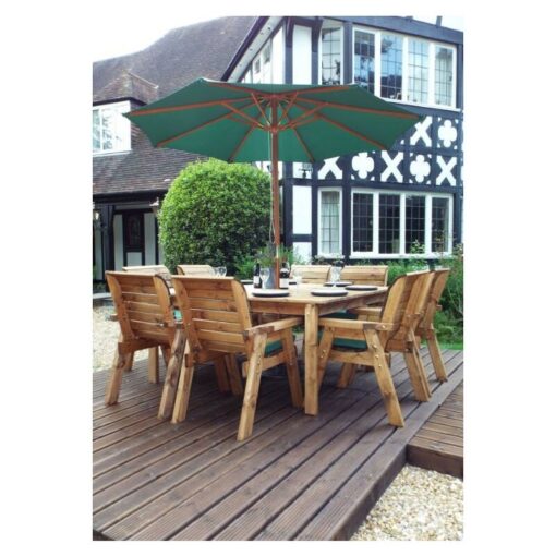 Charles Taylor - 8 Seater Wooden Square Garden Dining Table & Chairs Parasol Green