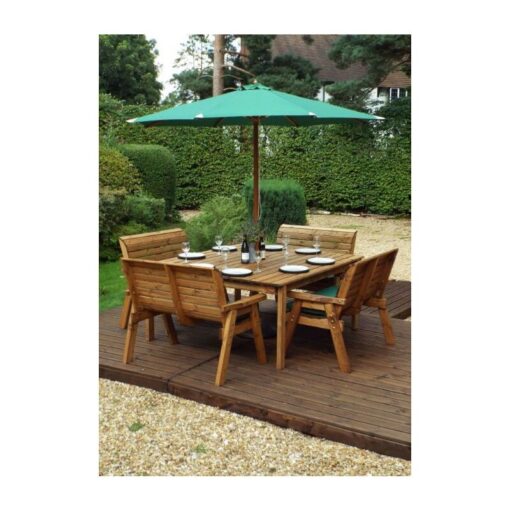 Charles Taylor - 8 Seater Wooden Square Table & 4 x Garden Benches Parasol Green