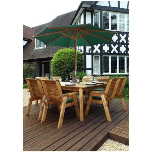 Charles Taylor - 8 Seater Wooden Square Table & 6 Chairs 1 Bench Parasol Green