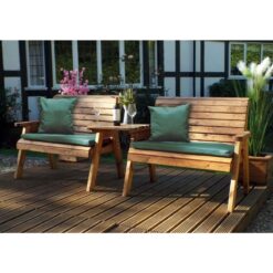 Charles Taylor - Wooden Twin Garden 2 Seater Bench Set Straight & Green Cushion