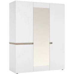 Chelsea 3 Door Wardrobe with mirror and Internal shelving in White with Oak Trim