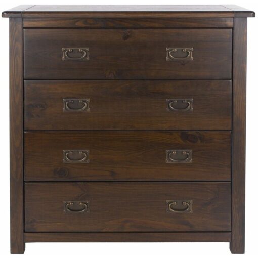 Chest of 4 Drawers Solid Pine Dark Wood Dresser Metal Handles Lacquered Finish