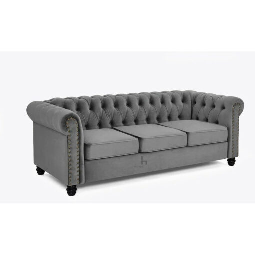 Chesterfield Velvet Fabric 3 Seater Sofa, Grey