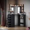 Corner Dressing Table, led Vanity Makeup Desk with 3 Mirrors 5 Drawers, Black Bedroom Furniture Corner Curved Vanity Table - Elegant