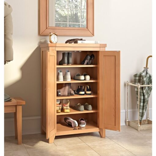 Cotswold Wooden Shoe Storage in Medium Oak, Tall Modern Shoe Cabinet, Shoe Cupboard, Living Room Shoe Rack for 15 Pairs of Shoes, Kitchen Cupboard