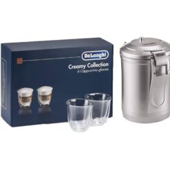 Delonghi DLSC061 Vacuum Coffee Canister (Stainless Steel) & Creamy Collection DLKC301 Double Wall Cappuccino Glasses (Pack of 6) Bundle, Stainless Steel