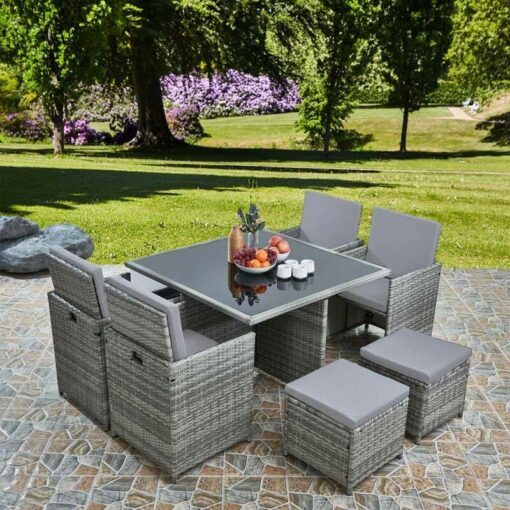 Deluxe 9 Piece 8 Seater Rattan Dining Garden Cube Set - Grey/Grey