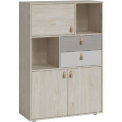 Denim 3 Door 2 Drawer Cabinet in Light Walnut, Grey Fabric Effect and Cashmere