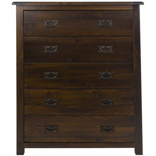 Denver - Dark Wood Chest of 5 Drawers Solid Pine Dresser Metal Handles Lacquered Finish - Brown