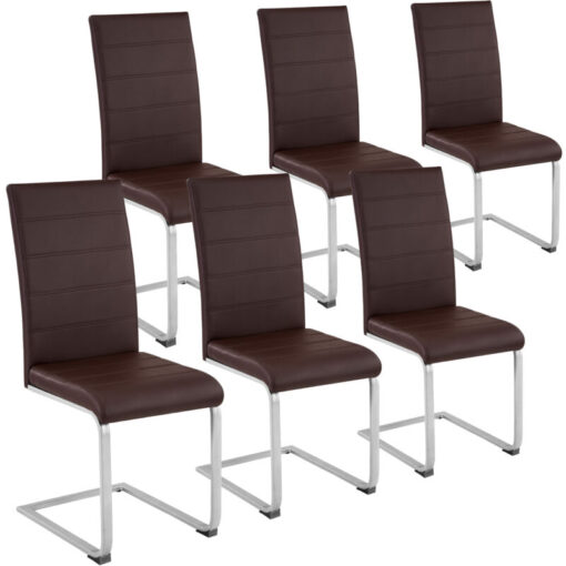 Dining Chairs Set - cantilevered, high backrest, flat steel frame - dining room chairs, kitchen chairs, dining table chairs - brown Set of 6