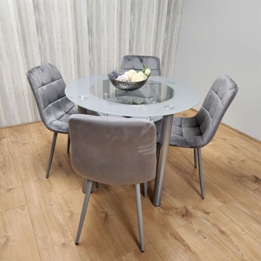 Dining Table and 4 Chairs Round Grey Glass 4 Grey Velvet Chairs Dining Room Furniture - Grey