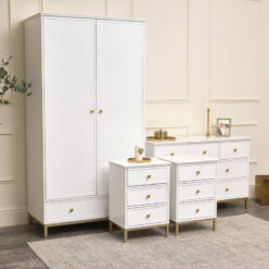 Double Wardrobe, Large Chest of Drawers & Pair of Bedside Tables - Aisby White Range - White, Gold