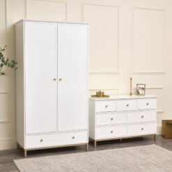 Double Wardrobe & Chest of Drawers - Aisby White Range - White, Gold