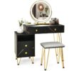 Dressing Table Set, Modern Vanity Makeup Table Stool Set with 3 Color Detachable led Mirror, Home Bedroom Cosmetics Dresser Furniture Gift (Black