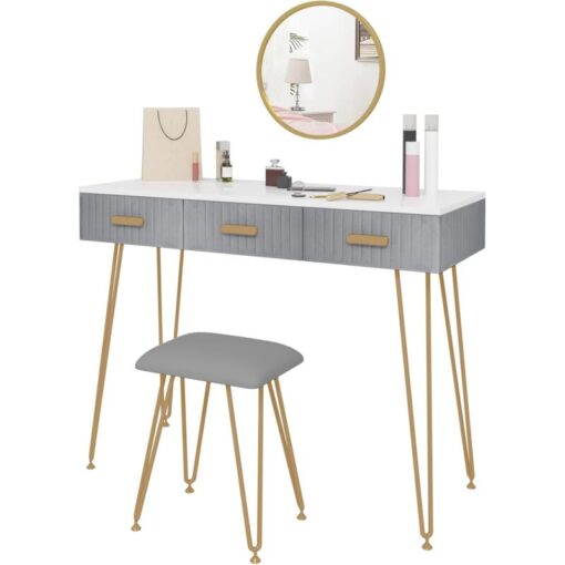 Dressing Table Set with Mirror. Makeup Dresser Table Stool. Home Bedroom Cosmetic Furniture Grey - Woltu