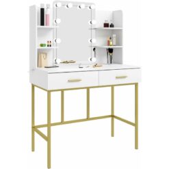 Dressing Table with led Lights. Mirrored Vanity Table with Shelves and 2 Drawers. Modern Makeup Table in mdf and Metal. Bedroom Furniture.