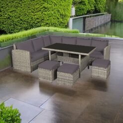 EVRE Mauritius 8 Seat Garden Rattan Furniture Corner Dining Set Table Sofa Bench Stool Natural