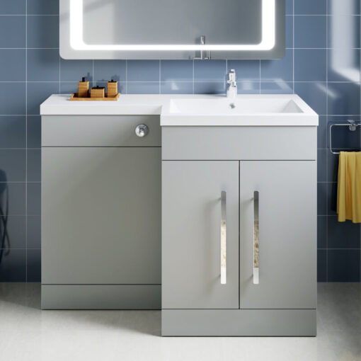 Elegant - 1100mm l Shape Bathroom Vanity Sink Unit Furniture Storage, Right Hand Matte Grey Vanity unit + Resin Basin + Concealed Cistern