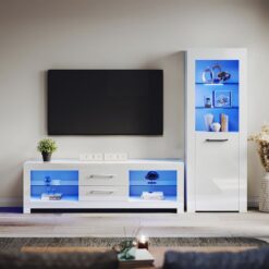 Elegant - 1600mm tv Stand Cabinet + Sideboard Display Cabinet Set with Multicolour led Lights White Gloss Storage Unit for Living Room Furniture Set 2