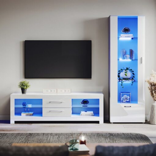 Elegant - 1600mm tv Stand Cabinet + Sideboard Display Cabinet Set with Multicolour led Lights White Gloss Storage Unit for Living Room Furniture Set 5