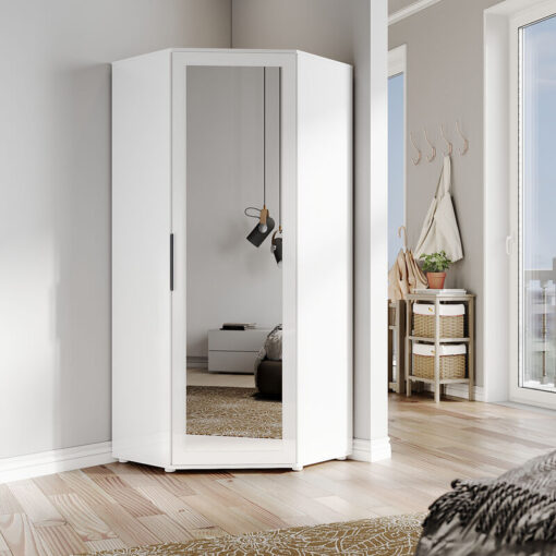 Elegant - Corner Wardrobe Modern High Gloss Design & Matt White Corner Wardrobe with 2 Hanging Rails and 4 Storage Shelves, Space Saving Design,