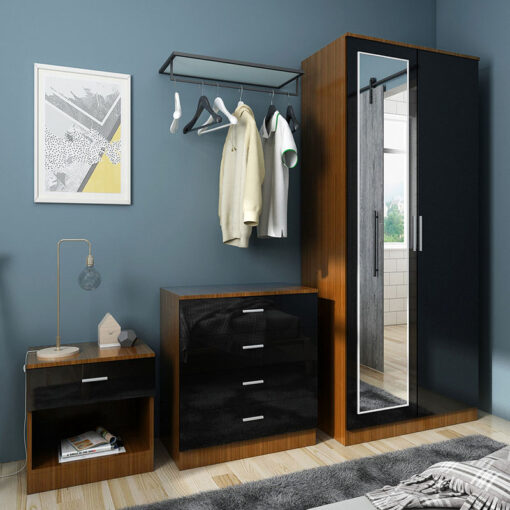 Elegant - Modern High Gloss Wardrobe and Cabinet Furniture Set 2 Doors Wardrobe and 4 Drawer Chest and Bedside Cabinet, Black/Walnut, with Mirror