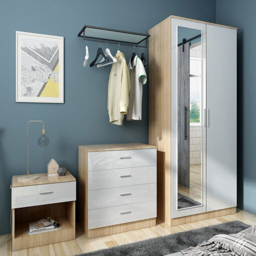 Elegant - Modern High Gloss Wardrobe and Cabinet Furniture with Mirror Set 2 Doors Wardrobe and 4 Drawer Chest and Bedside Cabinet, White/Oak