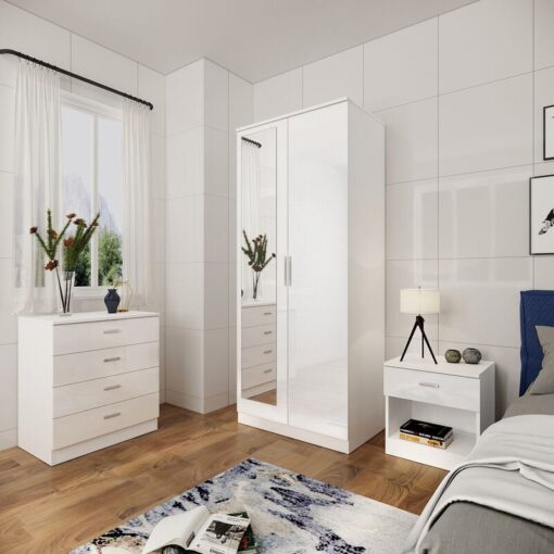 Elegant - White Wardrobe for Bedroom Storage Furniture High Gloss Soft Close 3 Piece Sets 2 Doors Wardrobe with Mirror + 4 Drawer Chest of Drawers