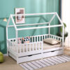 FURNITURE HMD White Kids Bed Single Bed Frame with 2 Storage Drawers,Pine Wood Children Bed with Guardrail